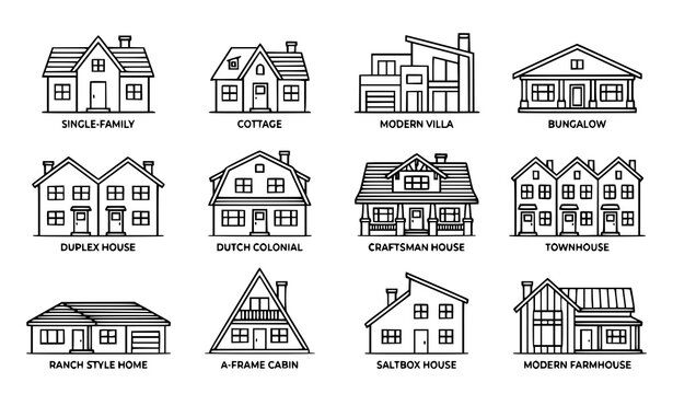 Minimal outline suburban house icons set vector real estate home symbols collection isolated on white background