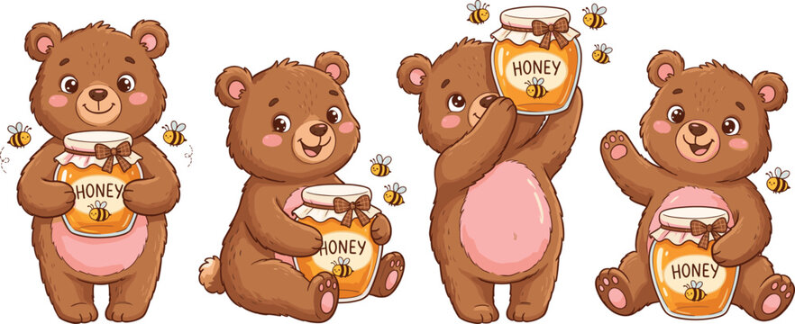 Cute teddy bear with honey cartoon vector set, adorable brown bear characters with jar and bees in playful style for kids design and nursery illustration