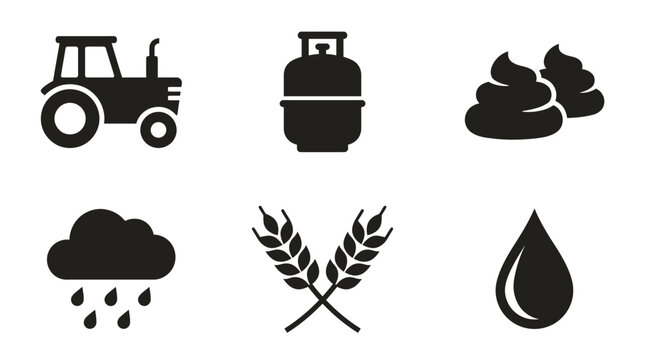 Agriculture icons set with tractor, gas tank, manure, rain cloud, wheat and water drop Vector
