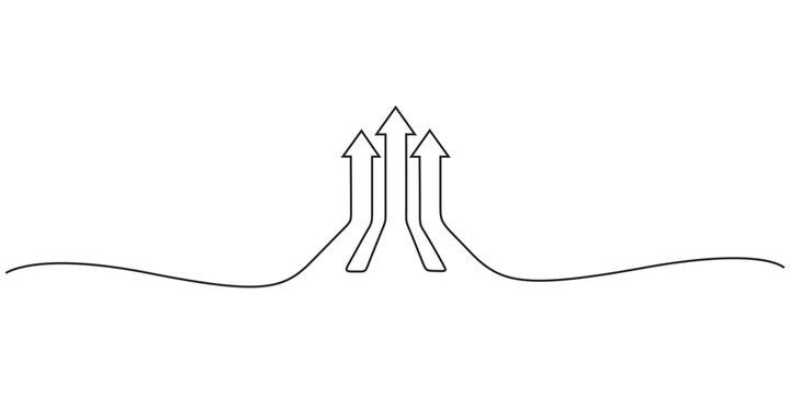 Continuous one line drawing of three arrows pointing up for success and progress Single line art of triple arrows rising together representing synergy and cooperation