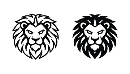 Fierce lion head icon set featuring majestic royal animal with flowing mane in minimalist black and white vector illustration style for sports team mascot and luxury brand logo design graphics © Padma