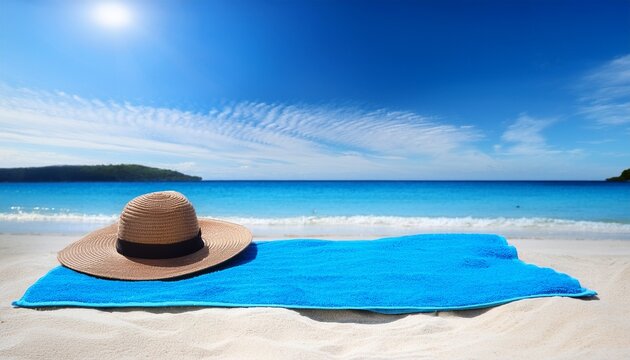 blue towel with hat and summer beach