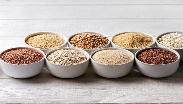 selection of whole grains in white bowls rice oats buckwheat bulgur porridge barley quinoa amaranth on white wood background