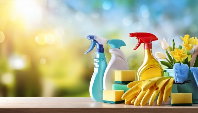 spring cleaning concept cleaning supplies and flowers on blur background copy space