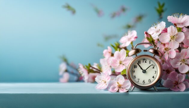 spring time daylight saving concept with alarm clock and flowers copy space