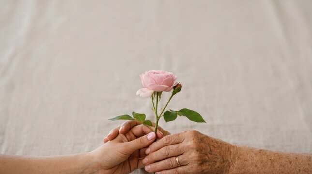 Two generations holding a flower stem together