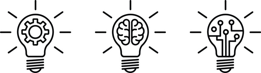 Conceptual icon set, light bulb themed illustrations representing ideas innovation and technological progress with modern creativity symbols for business and education design. © Nur