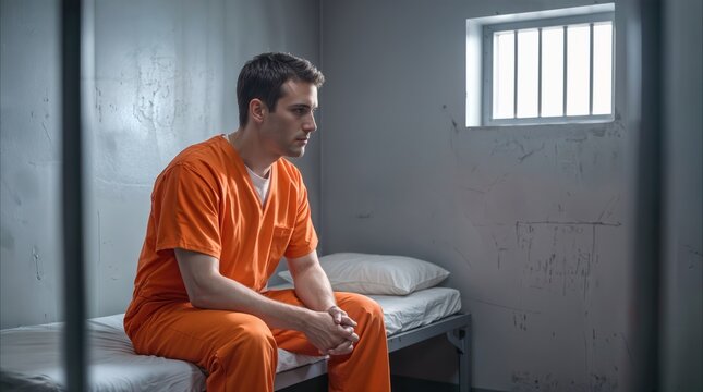 Prisoner in orange jumpsuit sitting on cot in jail cell. Reflection and solitude in correctional facility.