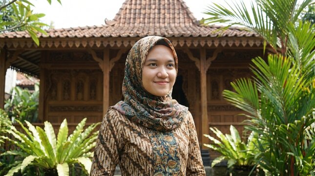 Young woman in traditional batik dress and hijab smiling near a wooden house with lush green plants outdoors showing cultural heritage and beauty.