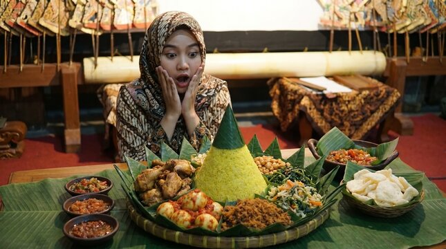 Javanese woman in batik hijab looking amazed at traditional Indonesian tumpeng yellow rice dish for celebration feast during cultural festival at house.