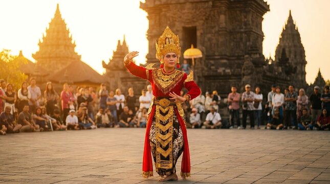 Graceful indonesian female dancer wearing elaborate golden headpiece and traditional costume performing elegant dance movements at ancient stone temple.