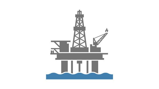 

An industrial vector illustration depicting a black silhouette of an oil drilling rig and an oil pump jack near a cargo ship at sea