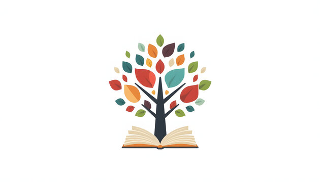 Minimalist vector illustration of a colorful tree growing from an open book representing knowledge and growth on a white background