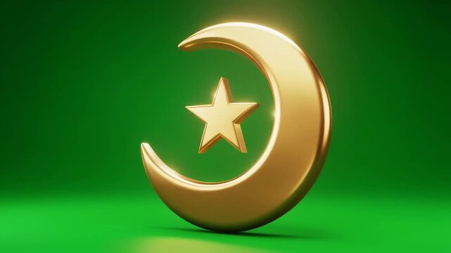 Golden crescent moon and star, vivid green backdrop highlighting faith, unity, tradition, and renewal.