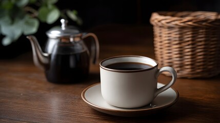Obraz premium A cozy still life arrangement featuring a cup of dark coffee and a carafe set on a rustic wooden table among natural foliage