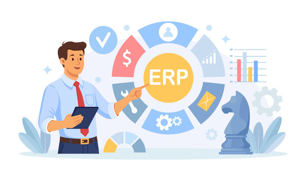 ERP Enterprise Resource Planning, Productivity. Business Integration, Productivity and Company Enhancement. Business Character Consulting of Financial Operation. Vector Illustration
