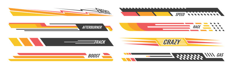 Automotive racing decals. Checkered flag patterns red speed stripes car decoration. Vector graphic set drift arrows, vinyl wrap templates, motion marks motorcycle racing, boat design, sport branding. © Azat Valeev