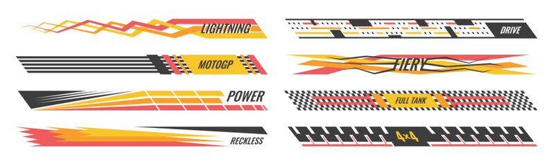 Off road 4x4 racing graphics. Yellow black speed stripe set halftone decoration truck modification. Vector motorsport elements drag track patterns, checkered borders, automotive vinyl wraps. © Azat Valeev