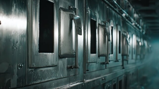 Metal storage units with handles and small openings creating a stark, clinical atmosphere, suggesting themes of medical facilities, death, or secure containment