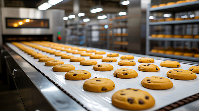 Fresh chocolate chip cookies moving on conveyor belt in modern bakery production factory