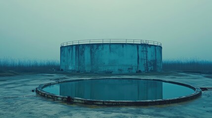 Obraz premium Old, abandoned industrial tank standing on a concrete pad with a circular pool of water reflecting its structure, creating a desolate and atmospheric scene on a foggy day