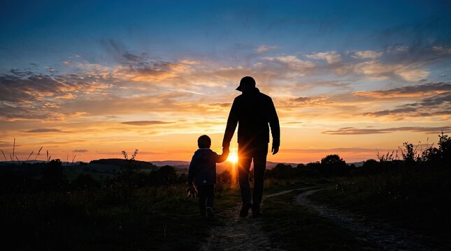 Heartwarming father's day moment silhouette of dad and child walking at sunset
