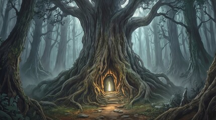 Naklejka premium Giant tree with glowing portal at base in foggy forest. Stone steps lead into a luminous doorway inside gnarled roots. Fantasy landscape concept.