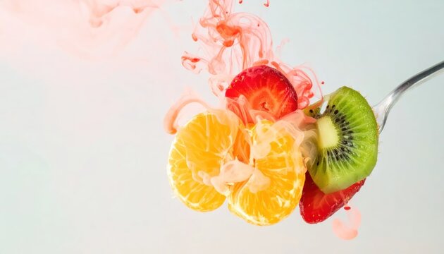 Colorful Fresh Fruit Slices Floating on Spoon with Red Splash in Bright Studio
