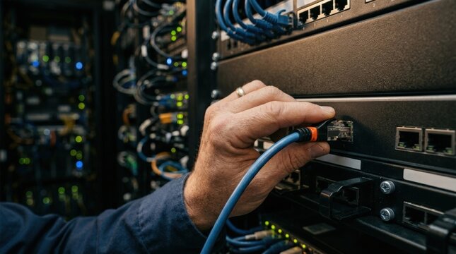Engineers hands connecting backup network hardware in server room