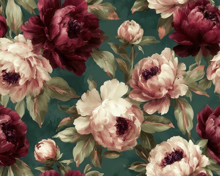 Elegant, chic seamless vintage floral pattern with soft, painterly textures including large peonies in wine red and blush pink
