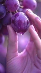 Obraz premium Fingertips touching ripe purple grape on vine. Viticulture and fruit harvesting process for wine production or fresh produce market.