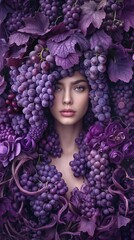 Naklejka premium Woman surrounded by purple grapes and vine leaves. Conceptual portrait for viticulture, winemaking, and natural beauty products.