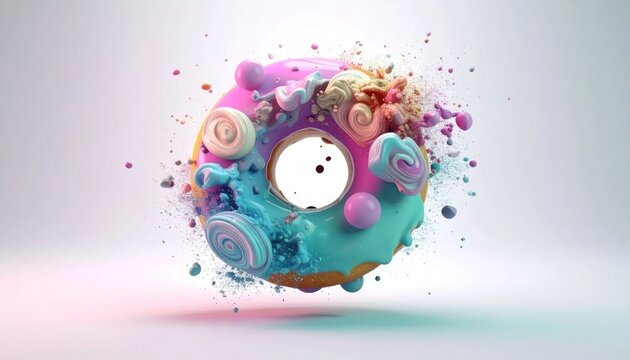 Colorful Glazed Donut Floating with Candy Sprinkles in Bright Studio Setting