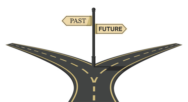 A single black road signpost with two divergent wooden arrows labeled past and future stands at a fork in the road on a plain white background.