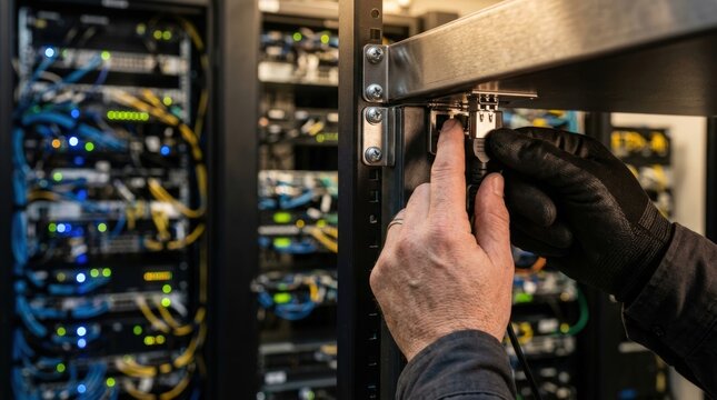 Engineers hands connecting backup network hardware in server room