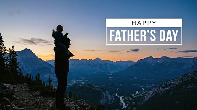 Happy father's day silhouette of dad holding child on mountain peak at sunset