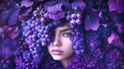 Obraz premium Young woman with blue eyes framed by purple grapes and leaves. Artistic portrait with monochromatic violet color palette.