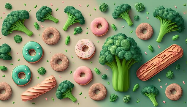healthy and unhealthy food pattern with broccoli and donuts food choices sugar carbohydrates vegetables fast food fiber vitamins concept