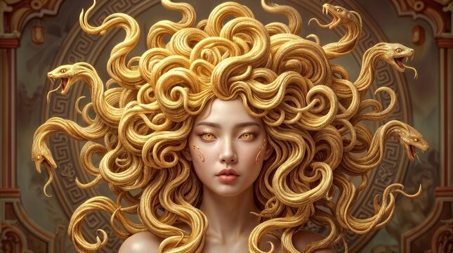 Medusa-inspired character with golden snake hair and glowing eyes. Mythological gorgon figure with East Asian features in classical setting.