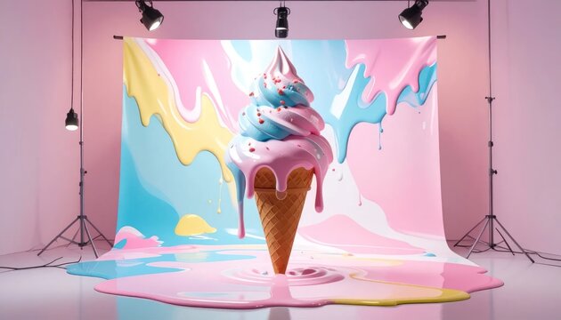 Colorful Ice Cream Cone Standing Amid Pastel Paint Splashes in Studio Set