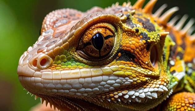 Colorful Iguana Resting in Close Up Tropical Green Background