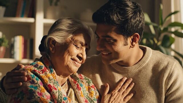 Loving young man embracing and smiling with his happy senior grandmother in a brightly lit living room, showcasing a caring family bond