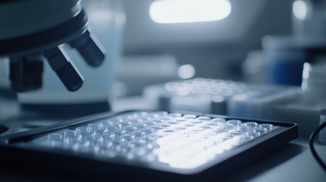 Microscope head focusing on a multi well microplate, containing liquid samples for scientific analysis and medical research in a clean, modern biotechnology laboratory setting