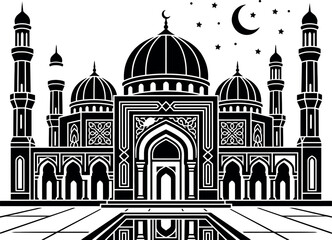 Black and white mosque with domes and minarets at night © Arafat Sajid