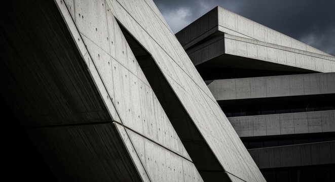 Angular concrete structures with sharp defined lines create a striking modern architectural composition in urban environment.