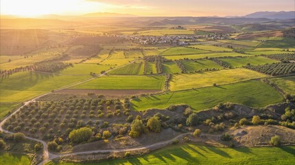 Obraz premium Rolling hills and agricultural fields in Tuscany, Italy at sunset. High angle aerial view of rural landscape with olive groves and vineyards during golden hour.
