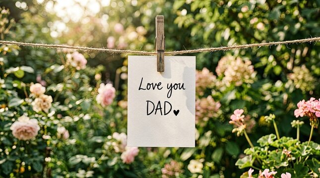 Heartfelt father's day card hanging in a beautiful garden with love you dad message
