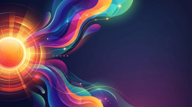 Vibrant abstract geometric sunburst with flowing neon light rays on dark gradient background