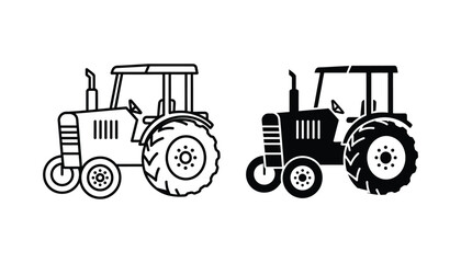 Farm tractor icon set in outline and solid black silhouette style for agricultural and heavy machinery design projects © Quantum