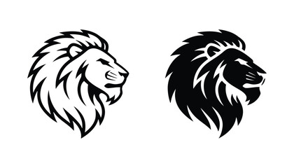 Lion head silhouette and outline vector icons featuring majestic mane for wildlife and branding graphic design elements © Quantum